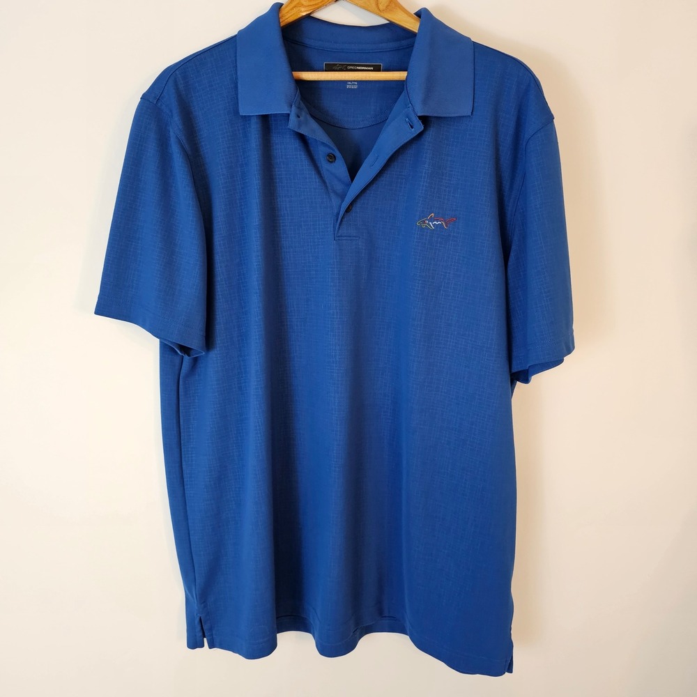 Greg Norman XXL Blue Polo Shirt Play Dry Golf Colorful Shark Logo Menswear
